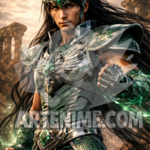 Guerrero Esmeralda de la Naturaleza – Ilustración anime realista de estilo épico