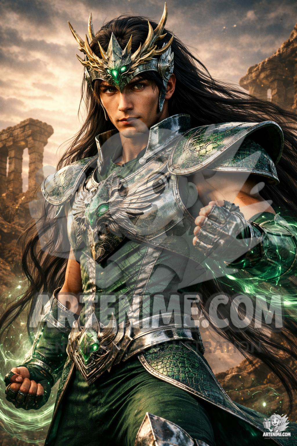 Guerrero Esmeralda de la Naturaleza – Ilustración anime realista de estilo épico