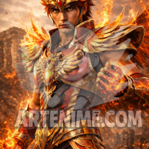 Guerrero de Fuego – Ilustración anime realista con armadura ardiente