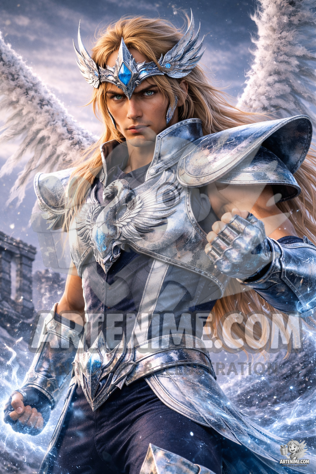 Guerrero Celestial de Alas – Ilustración anime realista de estilo épico