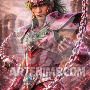 Guerrero de la Constelación con Armadura Roja – Ilustración épica estilo anime realista