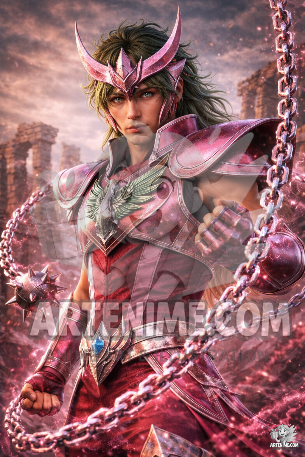 Guerrero de la Constelación con Armadura Roja – Ilustración épica estilo anime realista