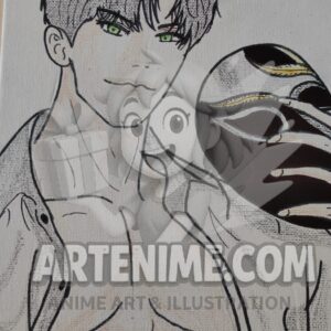 Ilustración Guerrero Anime con Máscara – Arte manga en blanco y negro con estilo elegante